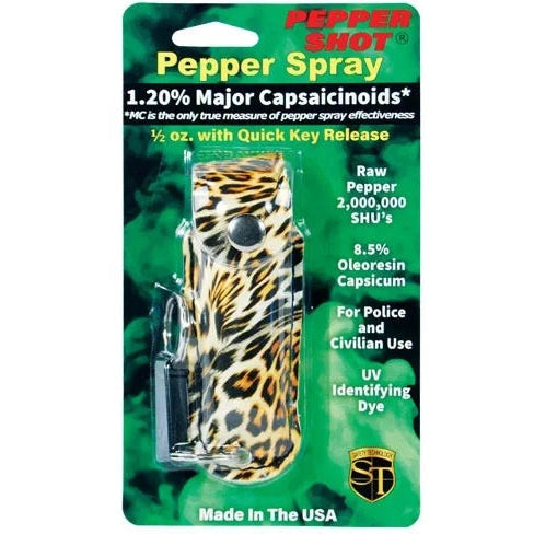 Pepper Shot Pepper Spray 1.2% Mc 1/2 Oz Pepper Spray Fashion Leatherette Holster And Quick Release Key Chain, Leopard Black/Orange