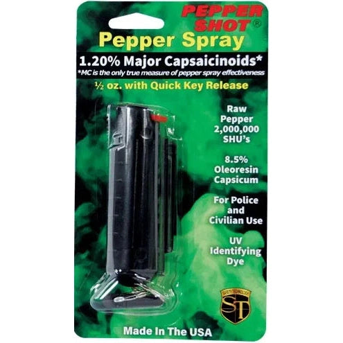 Pepper Shot 1.2% Mc 1/2 Oz Pepper Spray Hard Case Belt Clip And Quick Release Keychain, Black