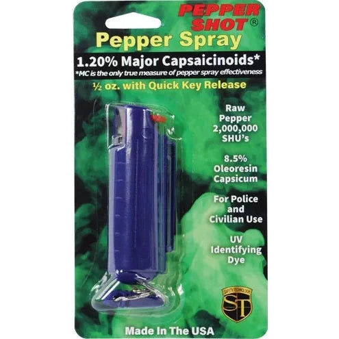 Pepper Shot 1.2% Mc 1/2 Oz Pepper Spray Hard Case Belt Clip And Quick Release Keychain, Blue