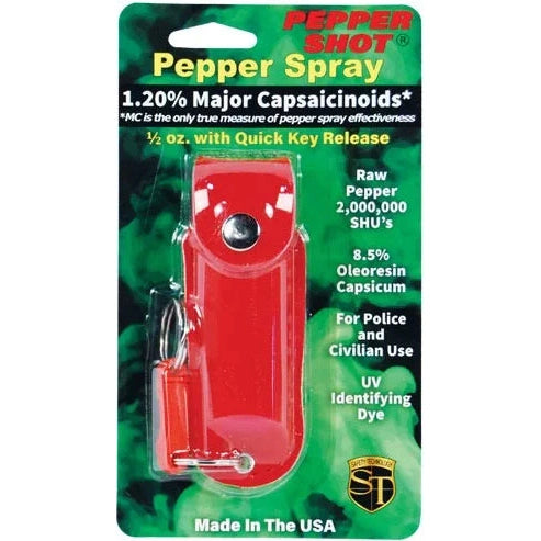 Pepper Shot 1.2% Mc 1/2 Oz Pepper Spray Leatherette Holster And Quick Release Keychain, Red