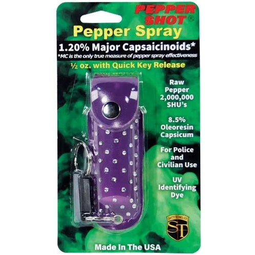 Pepper Shot 1.2% Mc 1/2 Oz Rhinestone Leatherette Holster And Quick Release Keychain, Purple