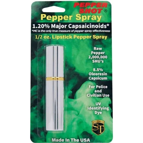 Pepper Shot 1.2% Mc 1/2 Oz Lipstick Pepper Spray, Silver