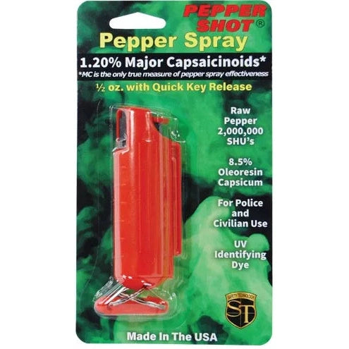 Pepper Shot 1.2% Mc 1/2 Oz Pepper Spray Hard Case Belt Clip And Quick Release Keychain, Red