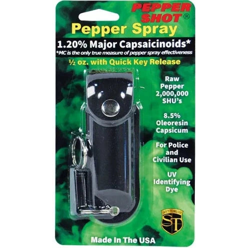 Pepper Shot 1.2% Mc 1/2 Oz Pepper Spray Leatherette Holster And Quick Release Keychain, Black