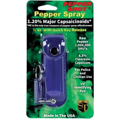 Pepper Shot 1.2% Mc 1/2 Oz Pepper Spray Leatherette Holster And Quick Release Keychain, Blue