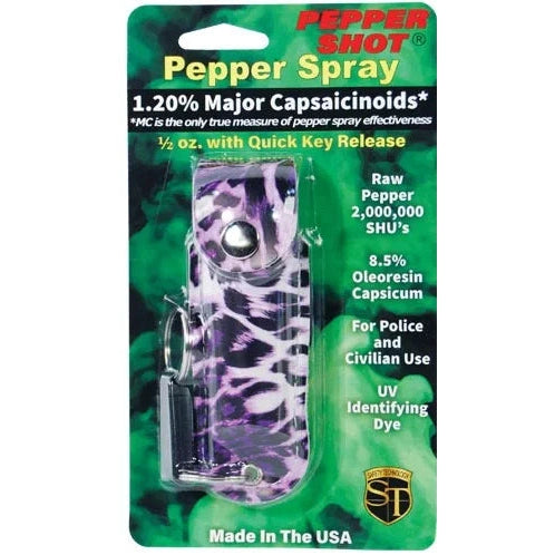 Pepper Shot 1.2% Mc 1/2 Oz Pepper Spray Fashion Leatherette Holster And Quick Release Key Chain, Leopard Black/Purple