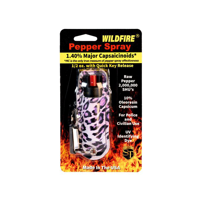 Wildfire 1.4% Mc 1/2 Oz Pepper Spray Leatherette Holster, Leopard Black/Purple