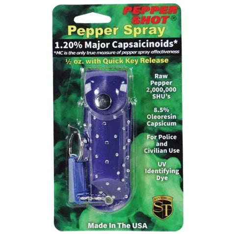 Pepper Shot 1.2% Mc 1/2 Oz Rhinestone Leatherette Holster And Quick Release Keychain, Blue