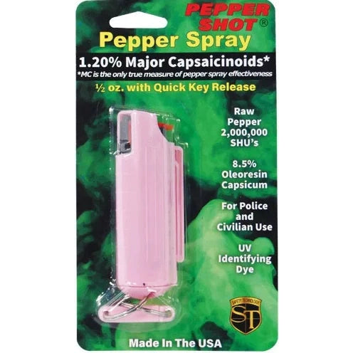 Pepper Shot 1.2% Mc 1/2 Oz Pepper Spray Hard Case Belt Clip And Quick Release Keychain, Pink