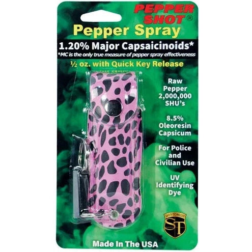 Pepper Shot 1.2% Mc 1/2 Oz Pepper Spray Fashion Leatherette Holster And Quick Release Key Chain, Cheetah Black/Pink