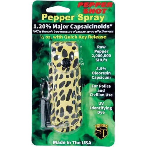 Pepper Shot 1.2% Mc 1/2 Oz Pepper Spray Fashion Leatherette Holster And Quick Release Key Chain, Cheetah Black/Yellow