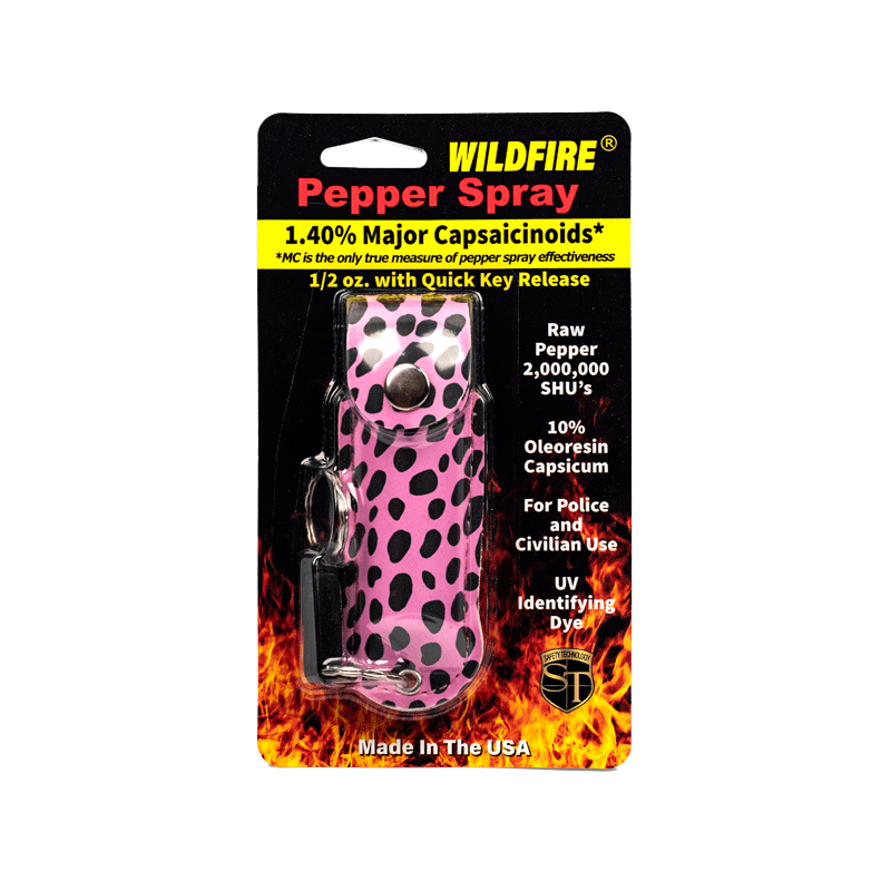 Wildfire 1.4% Mc 1/2 Oz Pepper Spray Leatherette Holster, Cheetah Black/Pink